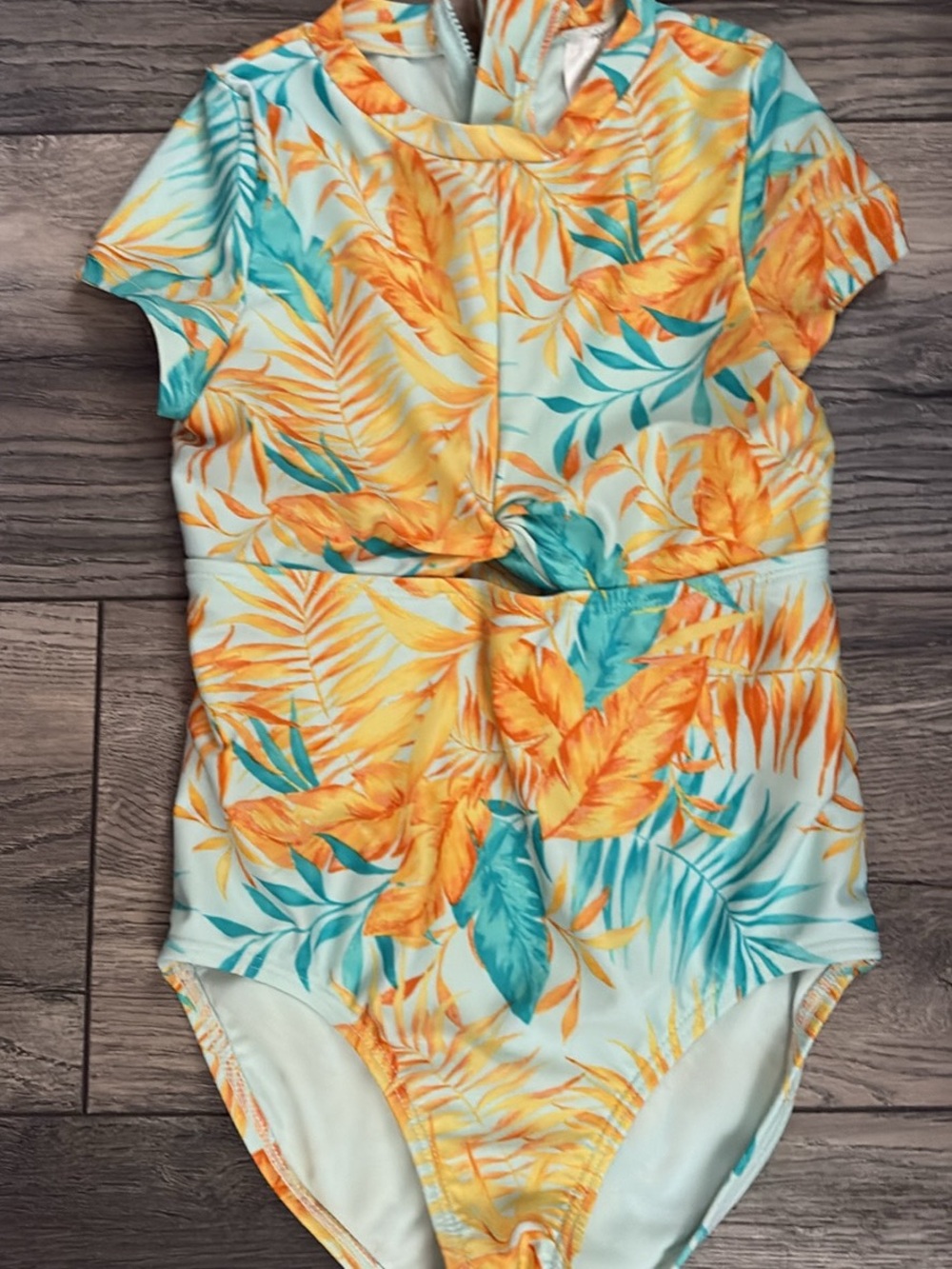 art class Yellow & Teal Tropical Leaf Short-Sleeve One-Piece Swimsuit